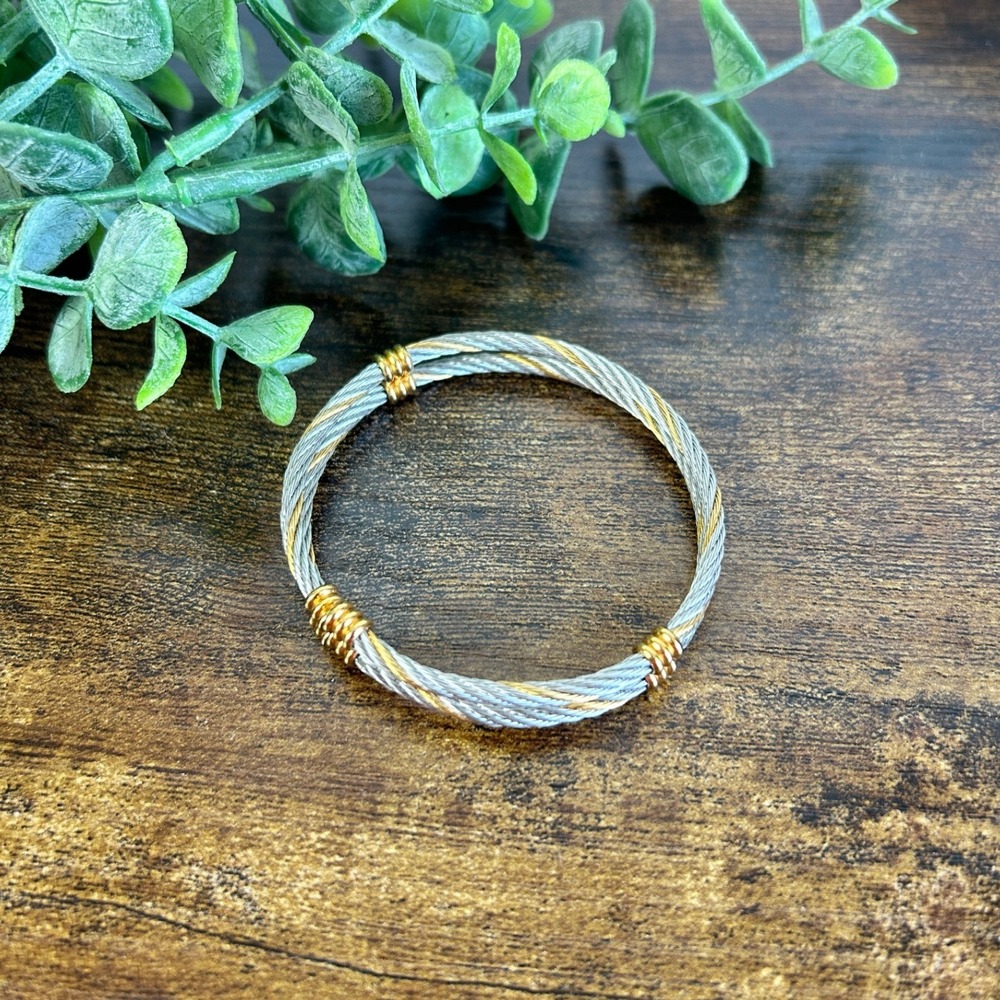Two Tone Twisted Cable Bypass Bangle Bracelet Gold Silver Tone Rope Textured